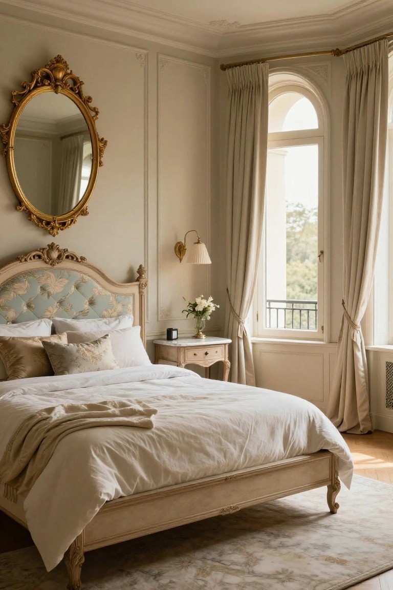 A bedroom with a large oval gold-framed mirror on the wall, a carved wood bed frame with light blue-green upholstered headboard, white bedding with beige throw, small bedside table, lamp, flowers, and tall arched window with cream drapes overlooking trees.