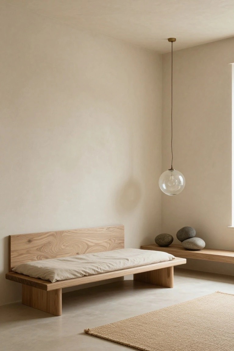 Corner of a light beige room with low wooden bench against the wall, beige linen cushion on top, wooden shelf holding gray rocks, brass hanging glass globe light, and beige seagrass rug on pale floor.