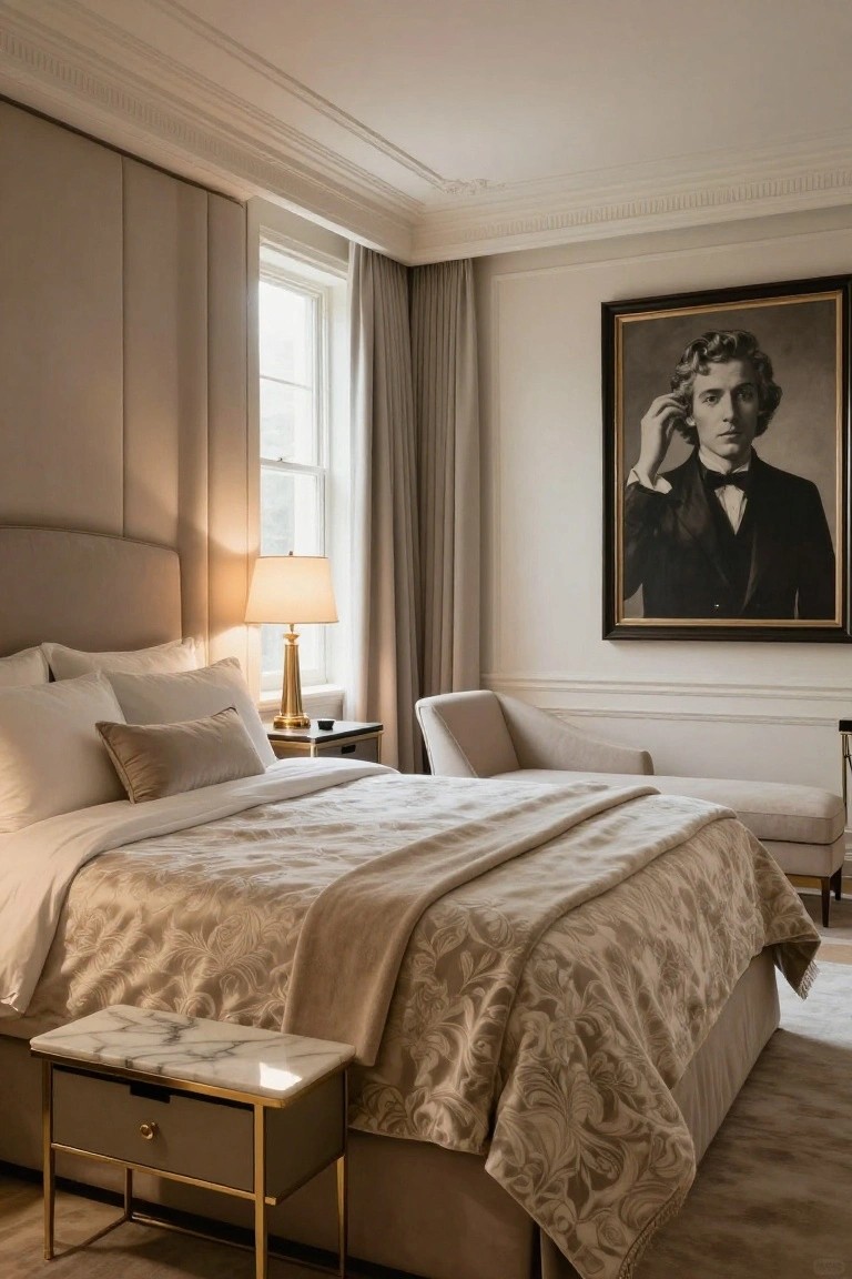 Beige upholstered bedroom with king bed, gold-accented lamp and marble-top nightstand, cream chaise lounge, large framed black-and-white portrait of a man, and window with long curtains.