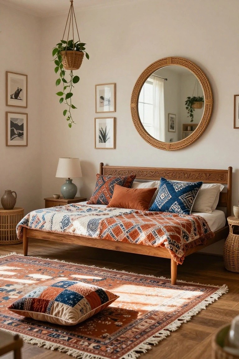Sunlit bedroom with low carved wooden bed covered in terracotta and indigo patterned quilt, rattan hanging plant basket, large round wicker mirror, rattan tables and baskets, and patterned rug on wood floor.