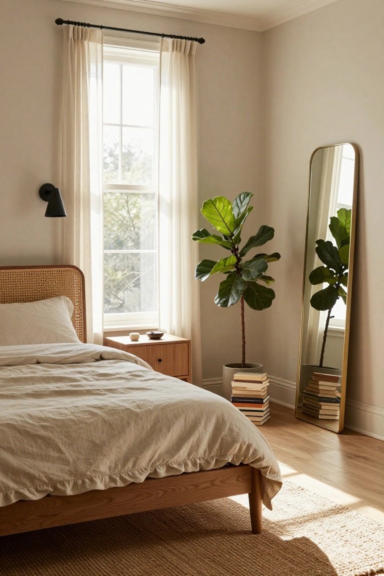 Bedroom corner featuring a bed with rattan headboard and beige linen bedding, wood nightstand with stacked books, tall fiddle leaf fig plant on books, gold floor mirror, black wall sconce, sheer window curtains, seagrass rug, and light wood floors.