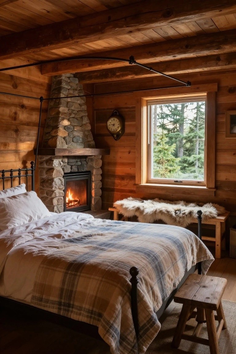 Wooden log cabin bedroom with paneled walls, stone fireplace burning, black iron bed frame with white sheets and plaid duvet, sheepskin bench, clock on wall, and window showing evergreen trees.