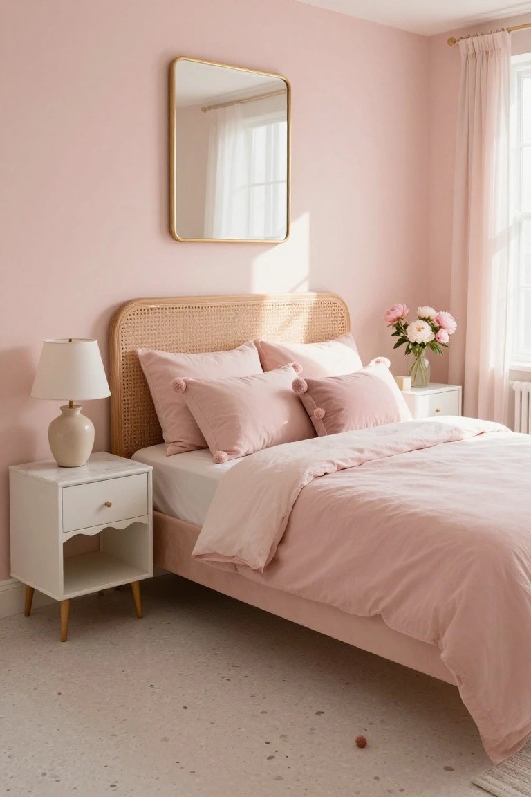 Blush pink bedroom with rattan headboard, pink bedding and pillows with pom poms, white nightstand with ceramic lamp, peony bouquet, gold-framed mirror, and sheer curtains on window.