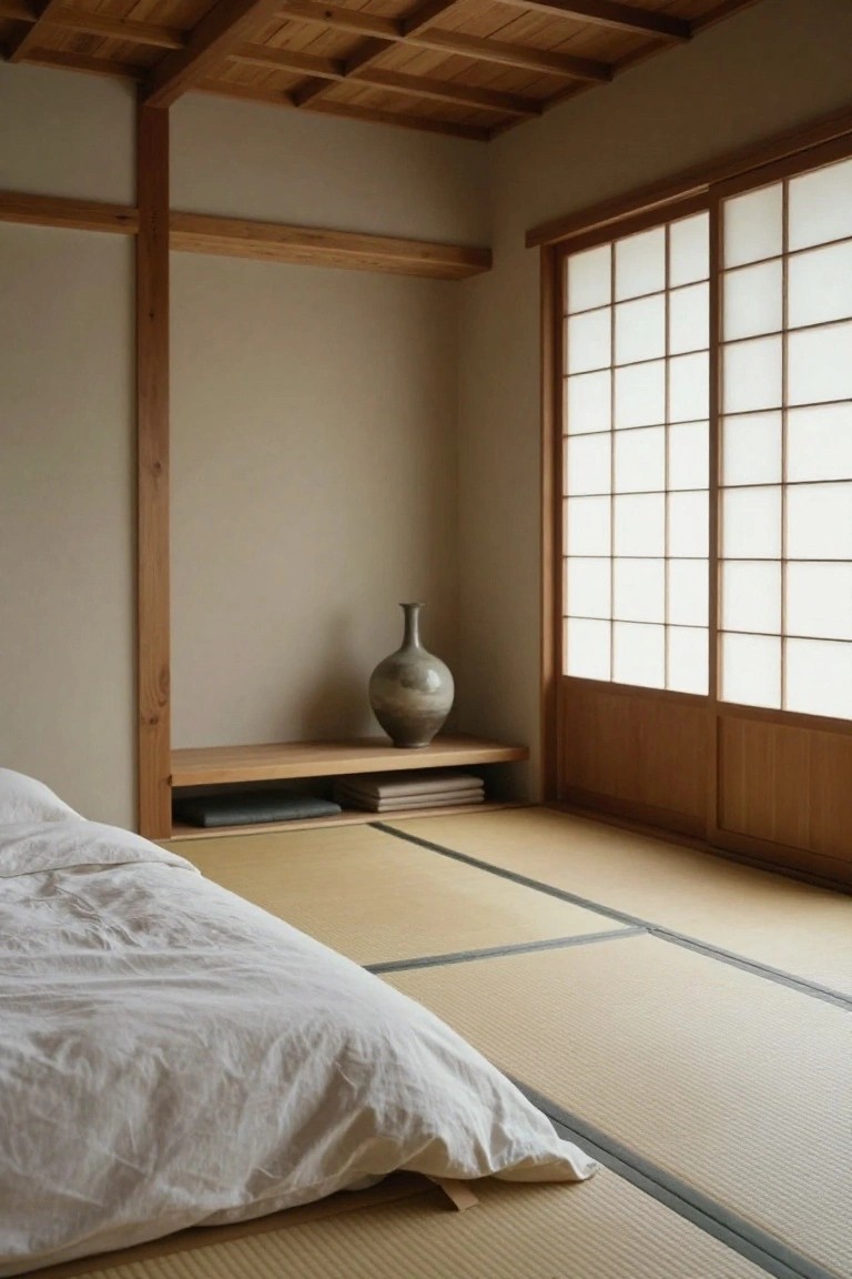 Japanese-style bedroom interior with beige tatami mat flooring, low white futon bed, wooden ceiling beams and posts, shoji screen windows diffusing light, built-in wooden shelf holding books and a gray vase, and sliding wooden door.