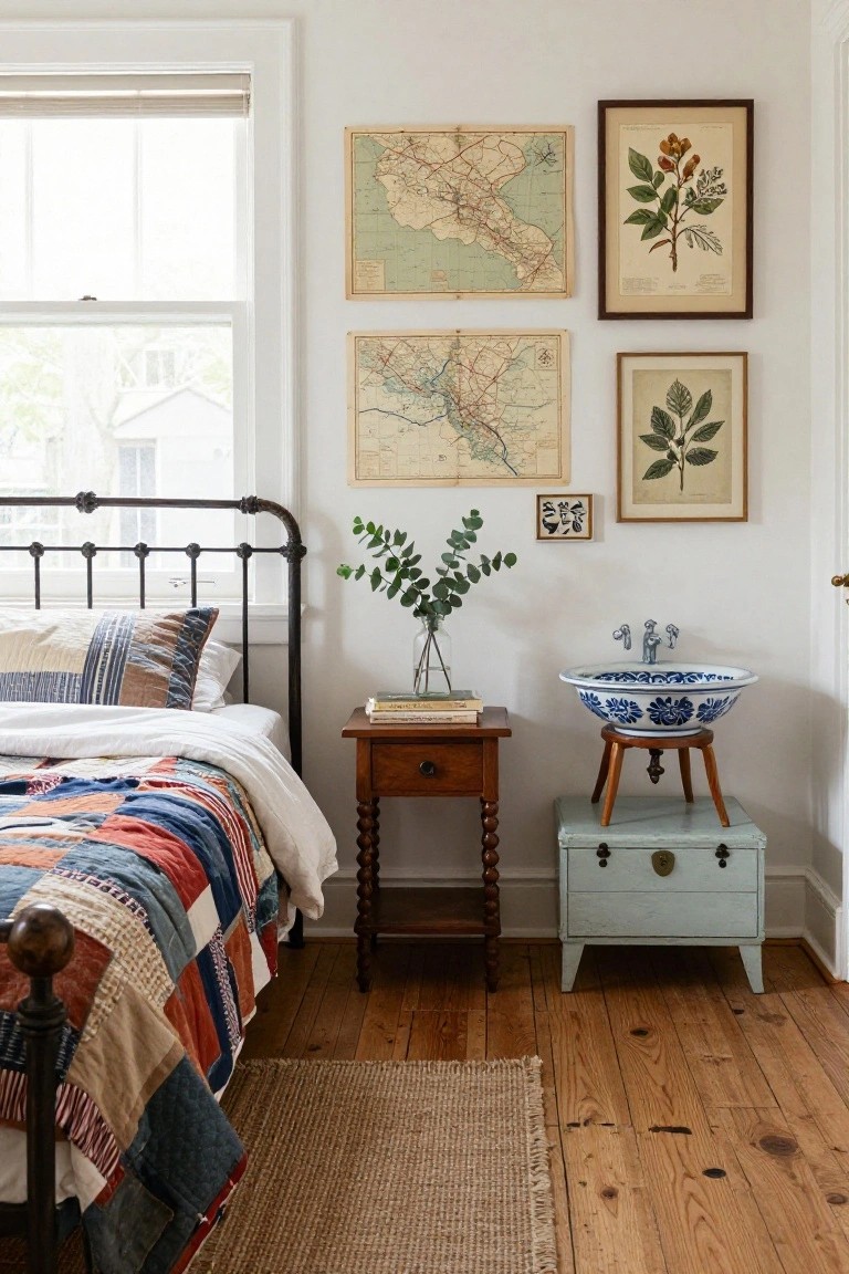 Bedroom with black iron bed covered in colorful patchwork quilt and white sheets, wooden nightstand with books, blue and white porcelain basin sink on wooden stand next to turquoise box, walls with framed vintage maps and botanical prints, hardwood floors, and jute rug.