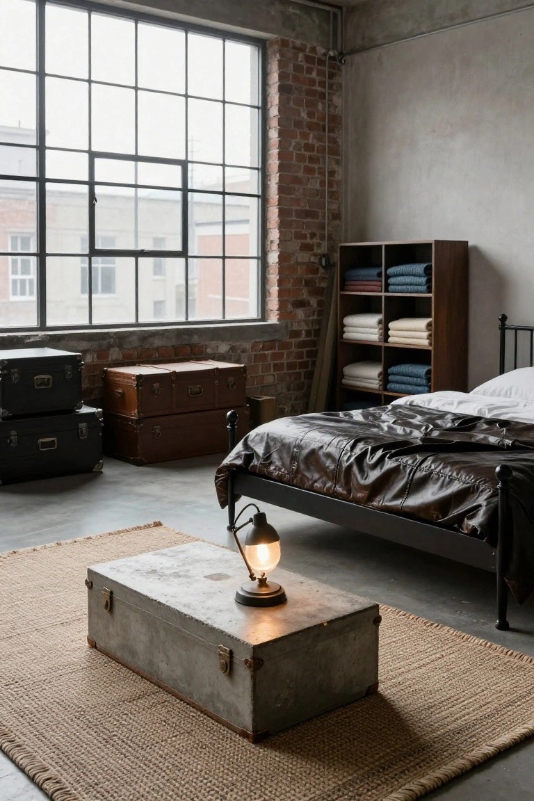 Industrial loft bedroom featuring exposed brick walls, large metal-framed windows, black metal bed with leather sheets and white pillows, wooden shelves stocked with folded blankets, stacked black and leather trunks, a metal trunk as side table with arched lamp, and seagrass rug on concrete floor.