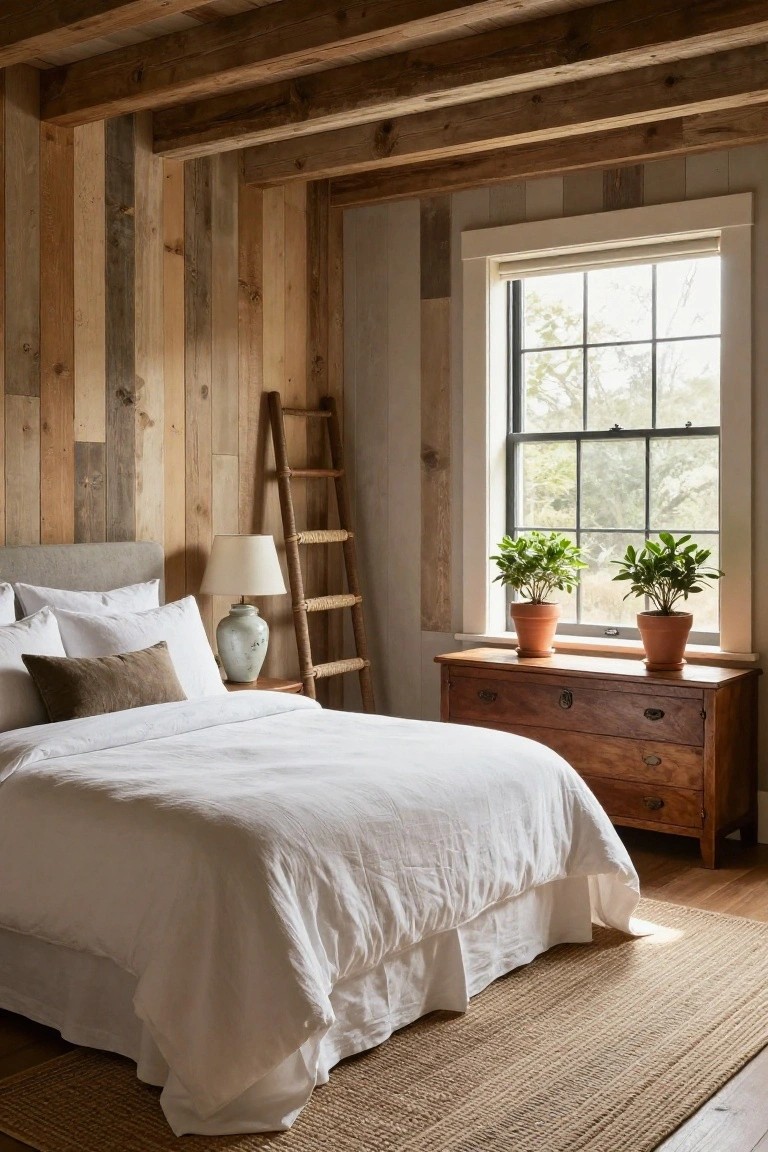 Bedroom with vertical reclaimed wood plank walls, gray upholstered headboard, white linen bed, wooden dresser topped with two potted plants and ceramic vase, rattan ladder shelf with lamp, and large window with trees outside.