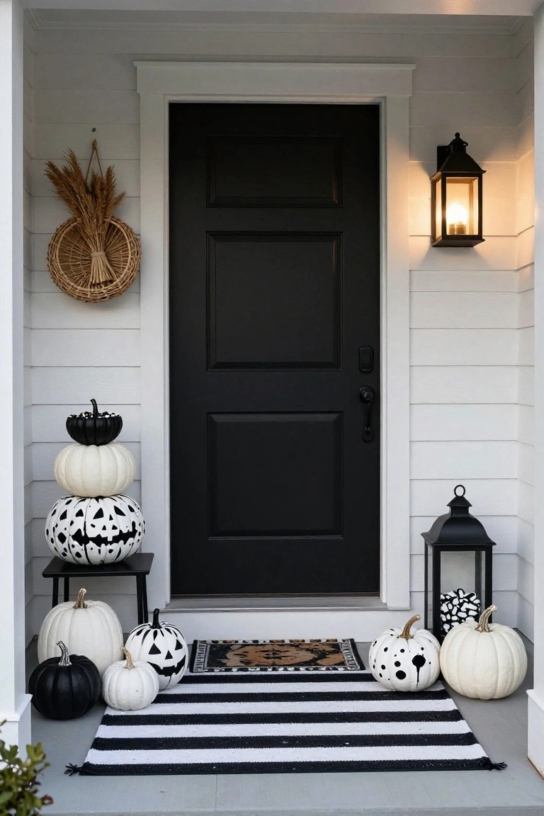 Front porch featuring a black front door on white shiplap siding, flanked by stacked black and white painted pumpkins, lanterns, a wheat wreath, and a black and white striped doormat with scattered pumpkins for Halloween decoration.