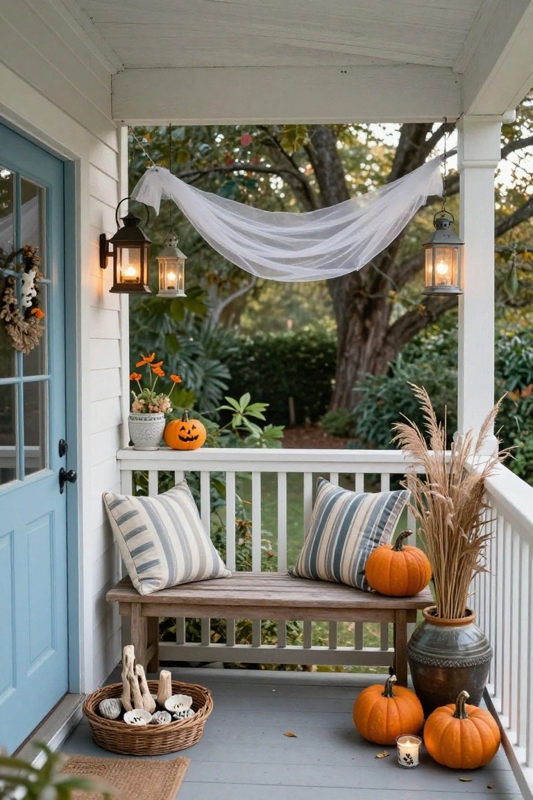 White porch with blue front door, wooden bench with blue and white striped pillows, orange pumpkins on railing and floor, pampas grass in pot, hanging white fabric, lanterns on posts, and basket of driftwood near doormat.