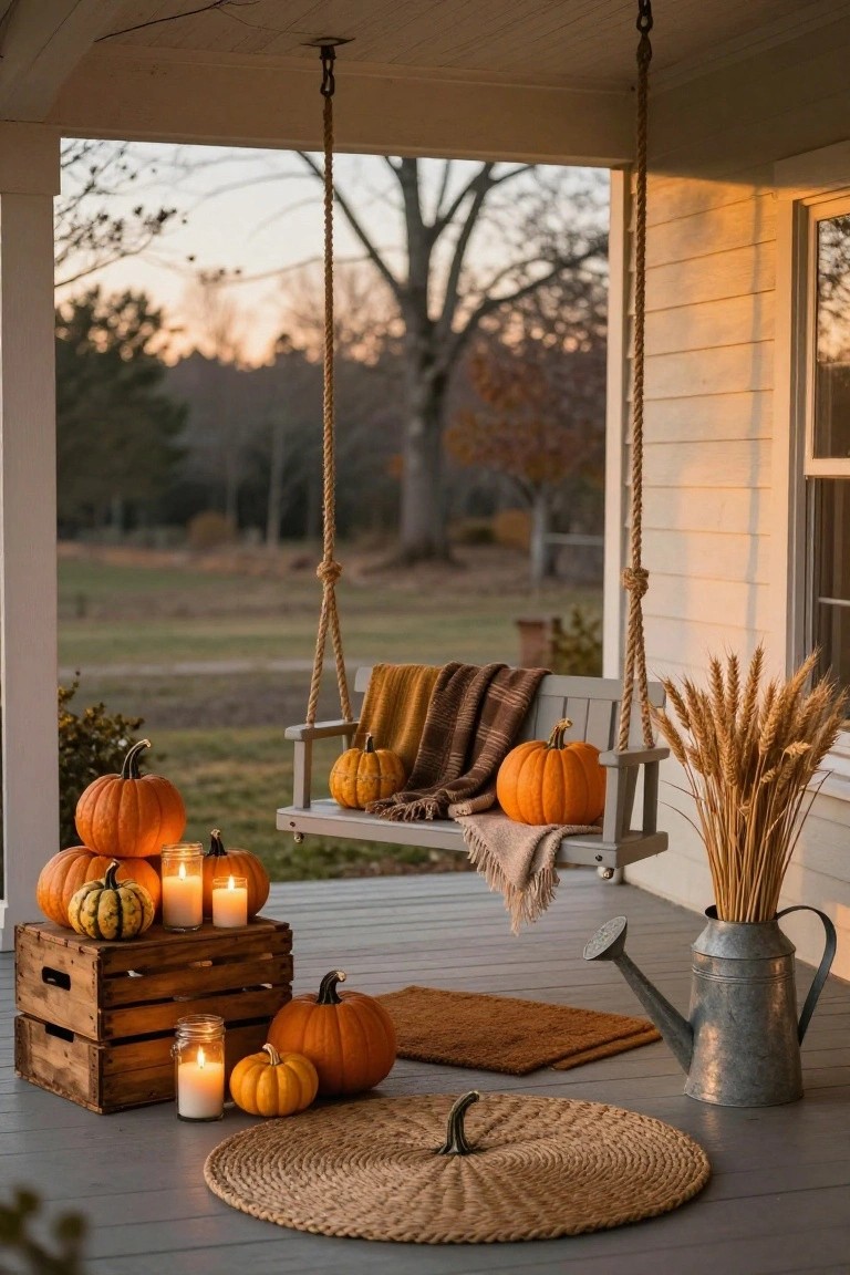 Gray wooden porch swing hanging from thick ropes under a covered porch, decorated with orange pumpkins, plaid and knit blankets, mason jar candles, wheat stalks in a watering can, and crates of pumpkins on a gray deck with fall trees in the background at dusk.