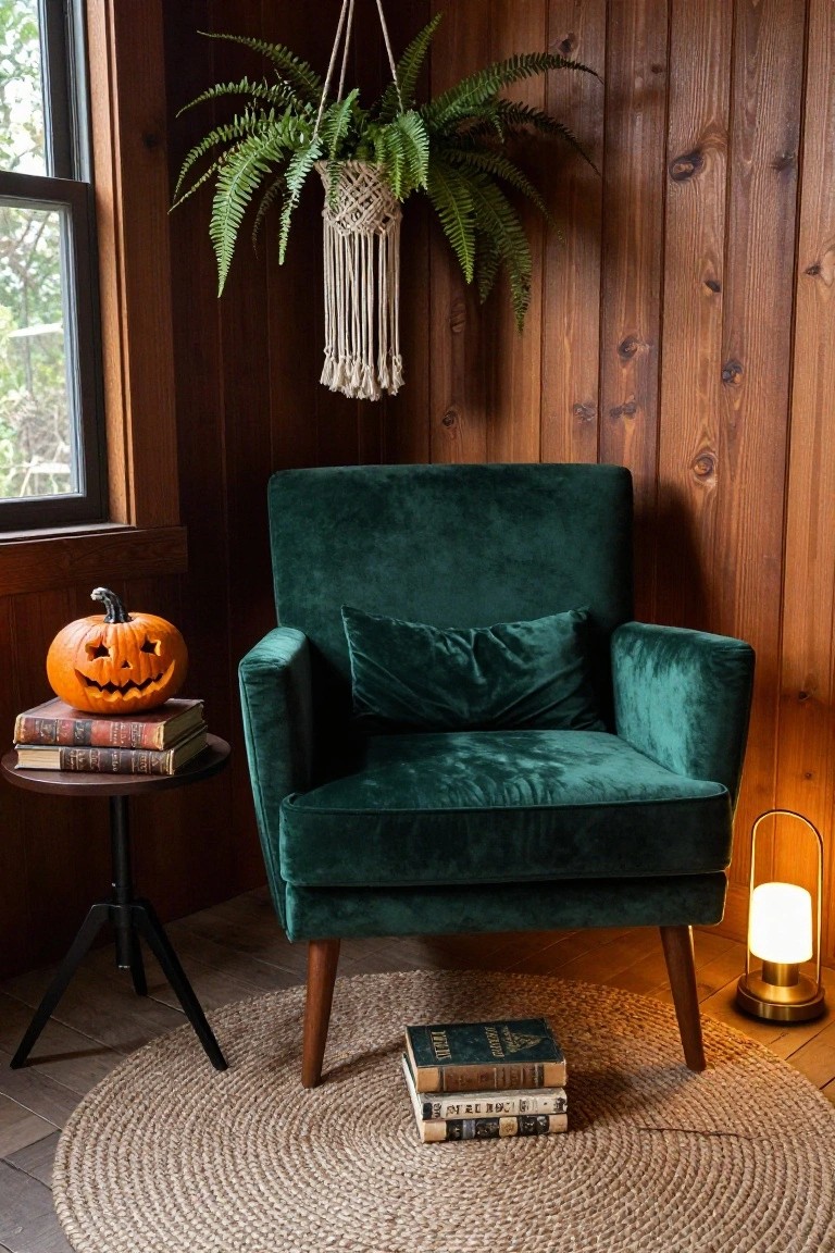 Wood-paneled indoor corner with green velvet armchair next to tripod side table holding carved orange jack-o-lantern pumpkin on stacked vintage books, gold lamp, hanging macrame fern plant, and seagrass rug.