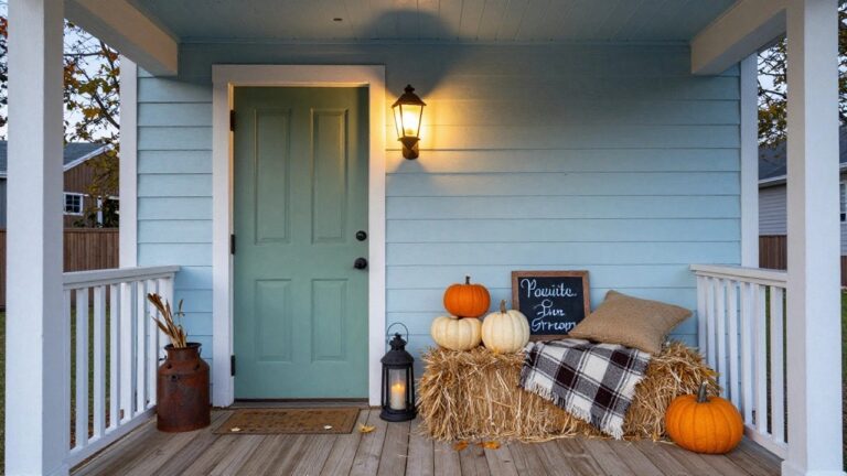 Blue sided house porch with green door, two stacked orange pumpkins, small white pumpkin, hay bales with plaid blanket and beige pillow, rusty milk can of corn stalks, two black lanterns on railing and deck, wooden decking.