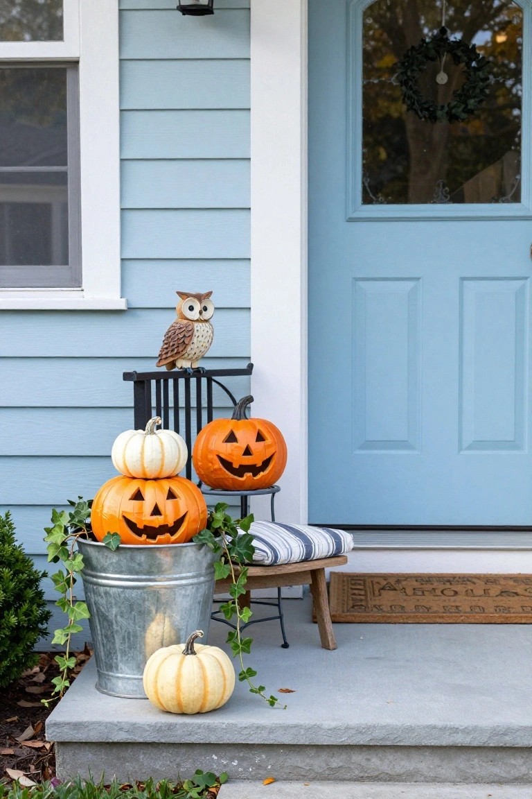 Light blue house front porch with blue door, Halloween decorations including stacked orange and white carved pumpkins in a galvanized bucket with ivy, additional pumpkins on a stand, owl statue, striped cushion on wood chair, and striped doormat.