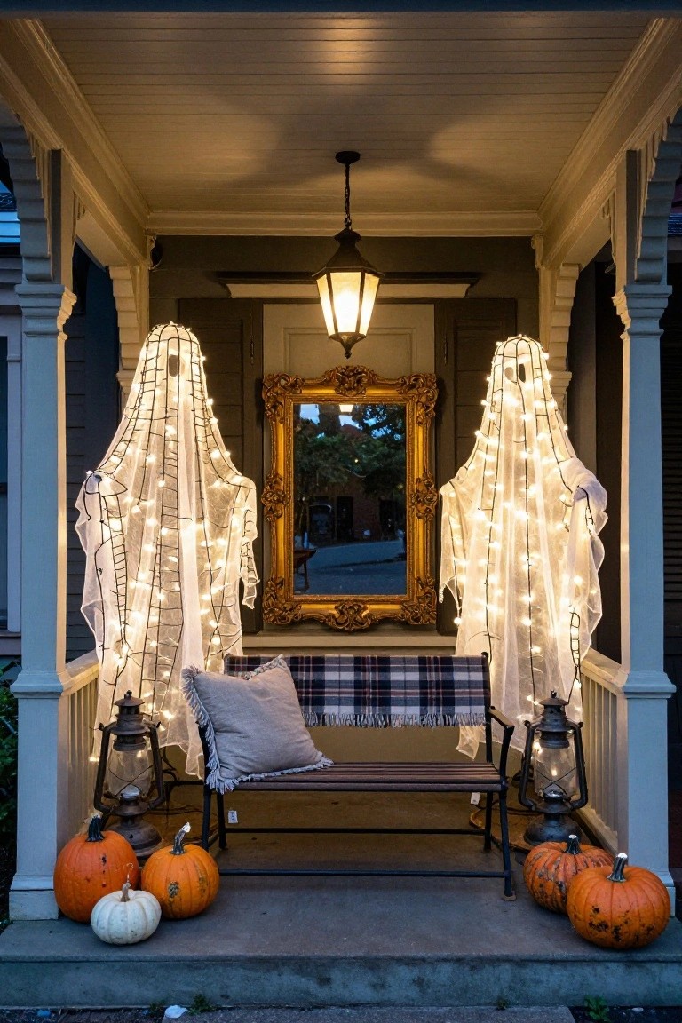 Porch at dusk with two tall white ghost figures made of wire frames, fabric, and string lights flanking a gold-framed mirror above a door, plaid blanket on a bench, lanterns, and pumpkins on the steps.