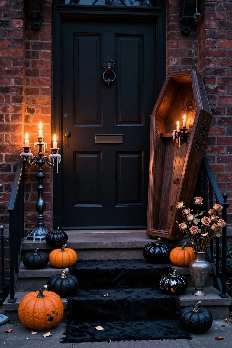 Brick house front porch with black door, tall wooden coffin prop holding candles beside it, dripping candelabras, orange and black pumpkins on steps, black rug runner, and vase of wilted roses.