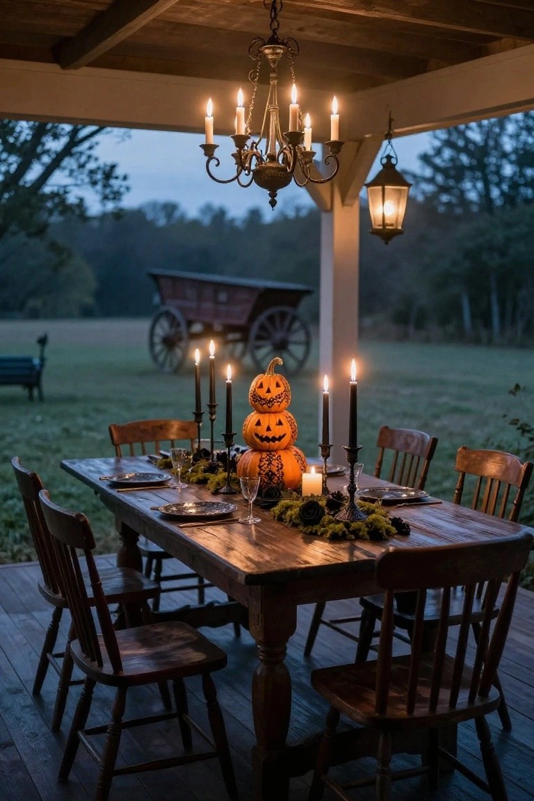 Wooden dining table on a covered porch set for Halloween with a stack of three carved orange jack-o-lantern pumpkins as centerpiece, surrounded by black taper candles, moss garlands, black plates, wine glasses, and small pumpkins; hanging lanterns overhead and rural field with wagon in background.