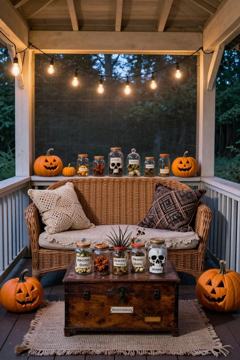 Screened wooden porch gazebo at dusk with wicker bench and pillows, wooden trunk table holding labeled glass jars of spooky contents like skulls and peppers, surrounding jack-o-lantern pumpkins, and overhead string lights.