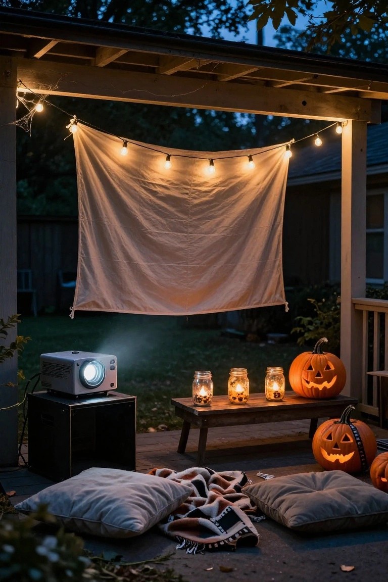 Outdoor porch at dusk with a white sheet screen hung from a pergola, a projector beaming light onto it, string lights, jack-o-lanterns, mason jar candles on a bench, pillows, and blankets on the deck.