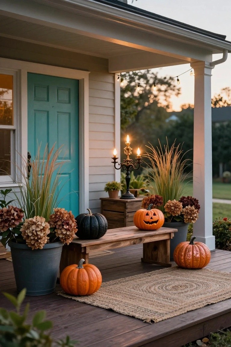 White clapboard house porch with turquoise front door, wooden bench holding carved orange pumpkin and black pumpkin, surrounded by pampas grass, hydrangeas in gray pots, orange pumpkins, candelabra candles, string lights, and seagrass rug at dusk.