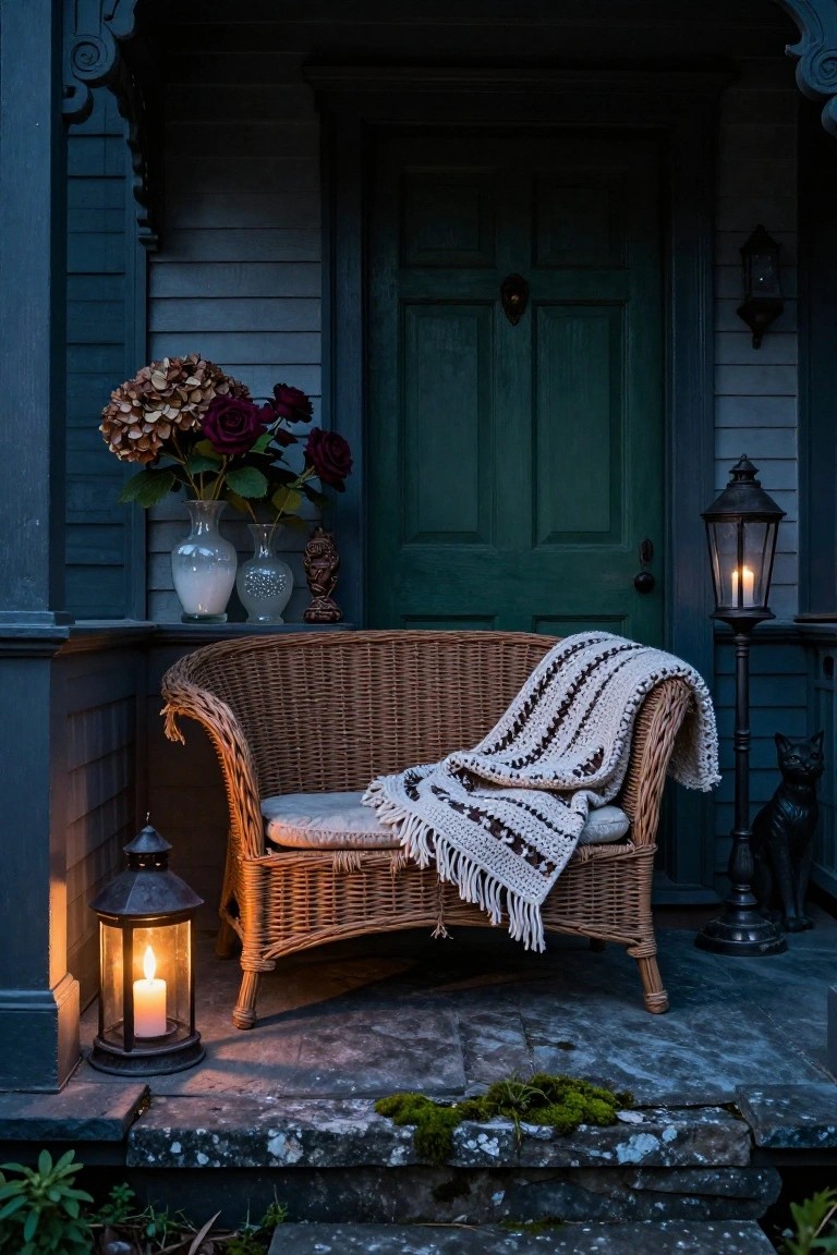 A porch at dusk with a wicker armchair draped in a striped throw blanket, flanked by two candlelit metal lanterns, vases of dark hydrangeas and roses, a black cat statue, and a dark green front door.