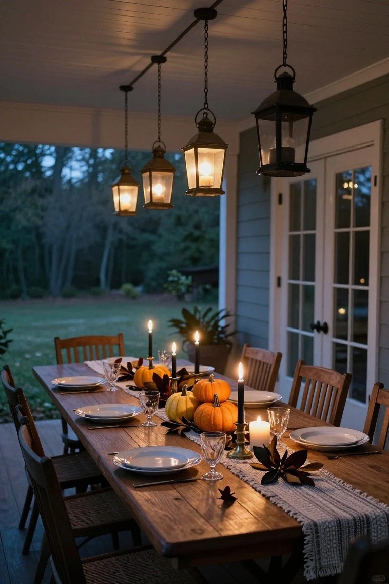 A long wooden dining table on a covered porch set with white plates, wine glasses, orange pumpkins, black taper candles in holders, and magnolia leaves, surrounded by wooden chairs, lit by hanging black lanterns above and more lanterns by glass doors, with a lawn and trees visible outside at dusk.