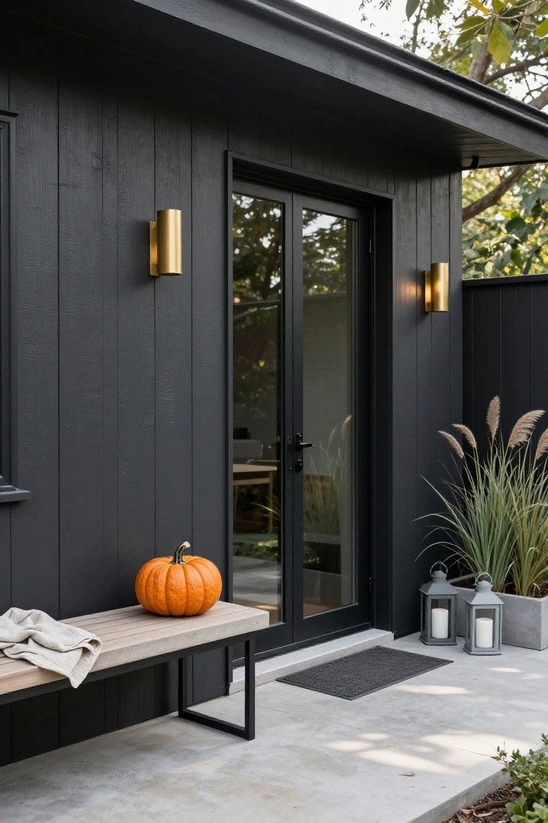 Black wood-sided structure with double glass doors, flanked by gold wall lights, a light wood bench holding an orange pumpkin and white throw blanket, pampas grass plants, and two gray lanterns on a concrete porch.