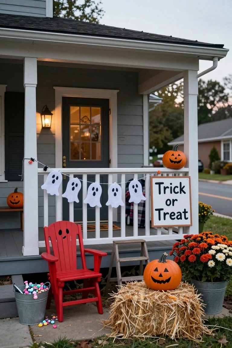 Gray house front porch decorated for Halloween with white ghost garlands on railing, jack-o-lanterns, hay bales, a red Adirondack chair holding a metal bucket of colorful candy, and a Trick or Treat sign.