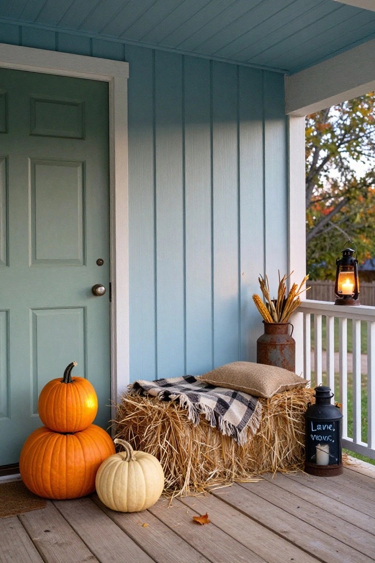 Blue sided house porch with green door, two stacked orange pumpkins, small white pumpkin, hay bales with plaid blanket and beige pillow, rusty milk can of corn stalks, two black lanterns on railing and deck, wooden decking.