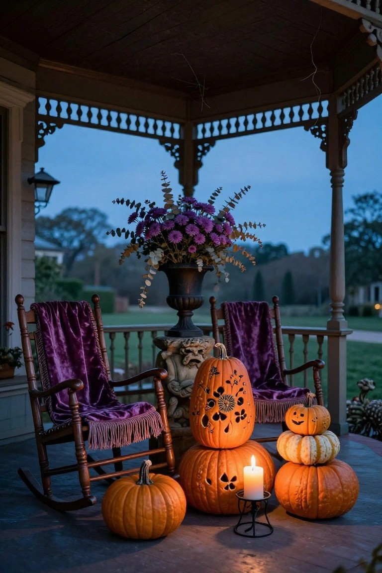 Dusk view of a porch gazebo with two wooden rocking chairs draped in purple velvet throws, stone gargoyle statue on pedestal holding carved pumpkin lantern, tall bronze urn of purple flowers and eucalyptus, stacked small pumpkins, large plain pumpkins, and candle on metal stand.