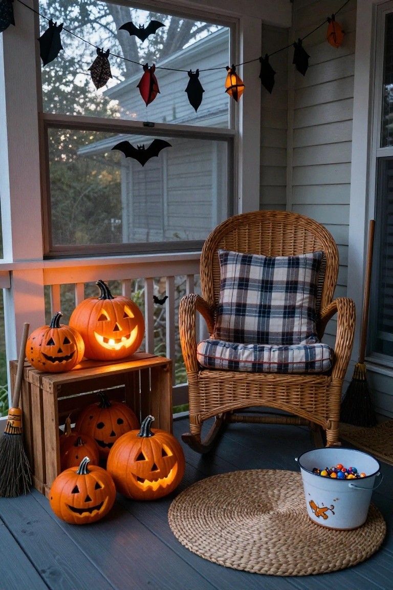 Screened porch decorated for Halloween with a wicker rocking chair holding plaid pillows, multiple glowing jack-o-lanterns on the floor and in a wooden crate, hanging bat garlands, brooms, and a white bucket filled with colorful candy on a woven rug.