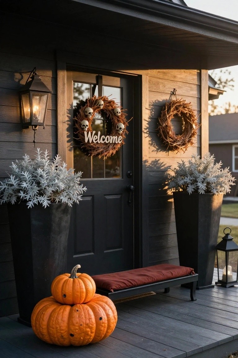 Dark porch entrance featuring a black door with a wheat wreath displaying 