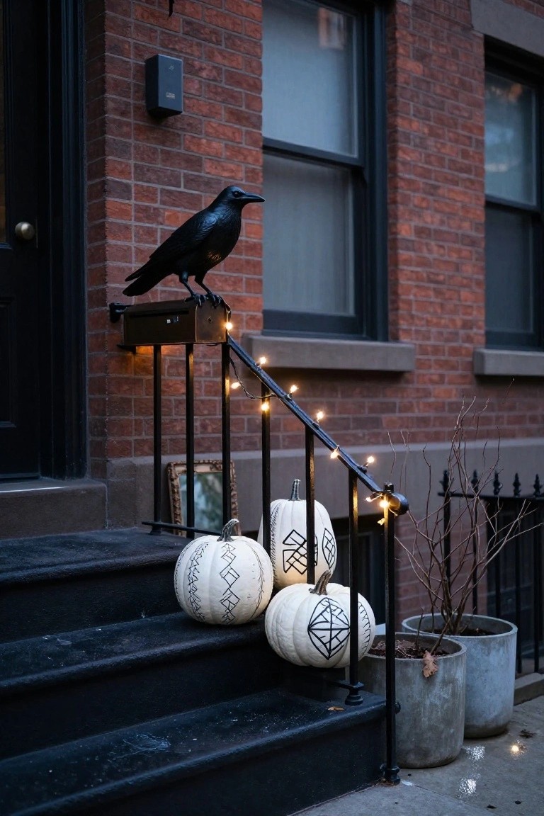Brownstone house porch with black steps leading to a dark door, decorated with three white pumpkins painted with black geometric patterns on the steps, a black metal crow statue on a railing post next to a mailbox, white fairy lights strung along the black iron railing, potted bare branches nearby, and a vintage mirror on the wall.