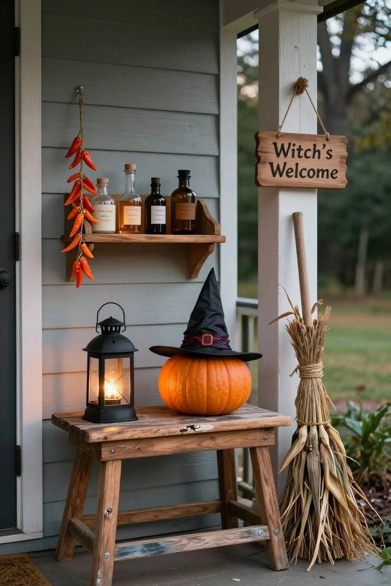 Gray wooden porch exterior featuring a shelf with assorted glass bottles and hanging red chili peppers, a 
