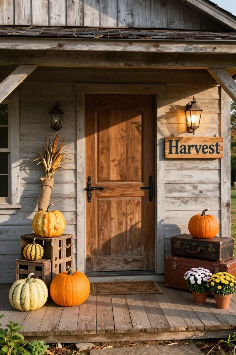Weathered gray wooden cabin porch with arched brown door, black lantern lights, 