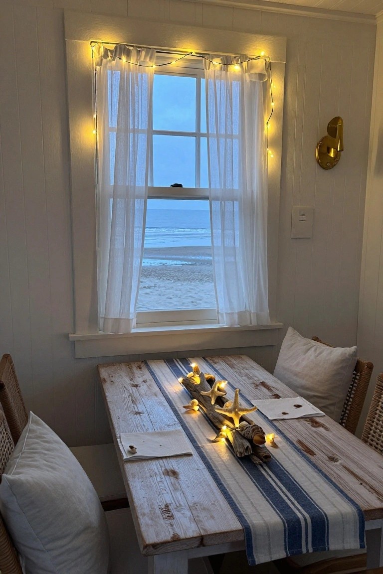 Small interior dining area with rustic wooden table and rattan chairs, fairy lights strung around a large window overlooking a beach and ocean, sheer white curtains, and a table runner with shells and candles.