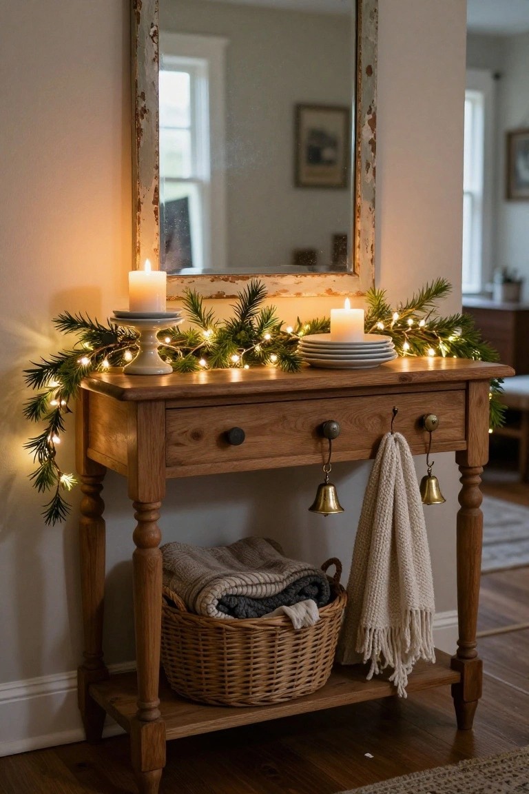Wooden console table in an entryway with rustic mirror above, decorated with evergreen garland and fairy lights, pillar candles on plates, bells and towels on hooks, and a basket of linens on the lower shelf.