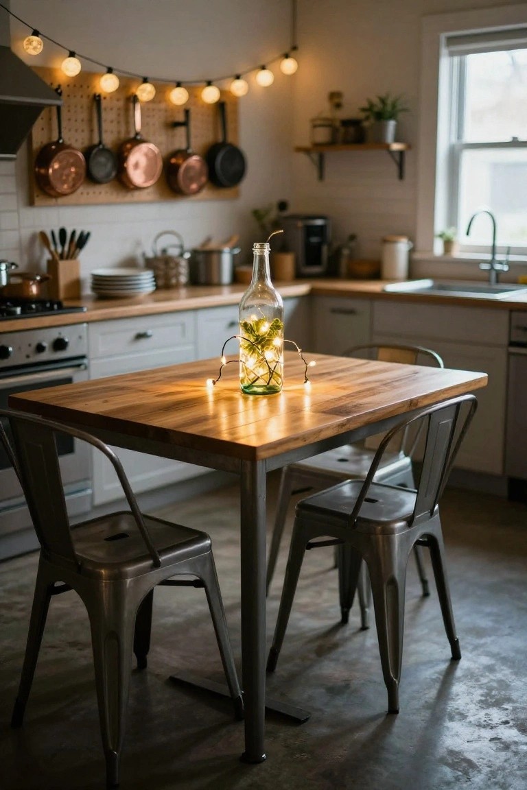 Cozy kitchen with wooden table holding green glass bottle filled with fairy lights and greenery, metal chairs around it, string lights overhead, copper pots on wall rack, and sink nearby.