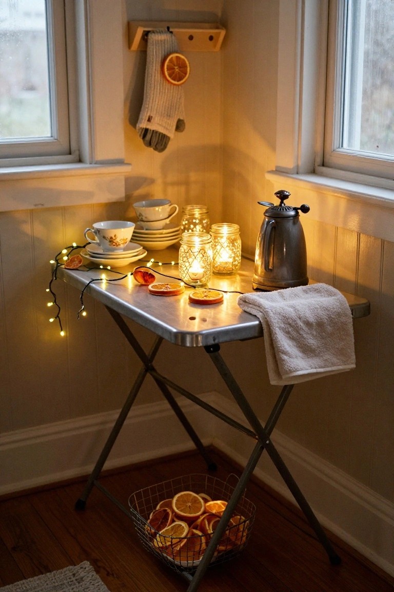 Small folding metal table in room corner with draped fairy lights, mason jar candles, dried orange slices, stacked floral teacups, vintage metal coffee pot, white towel, and wire basket of dried oranges below, wool socks on wooden rack by window.