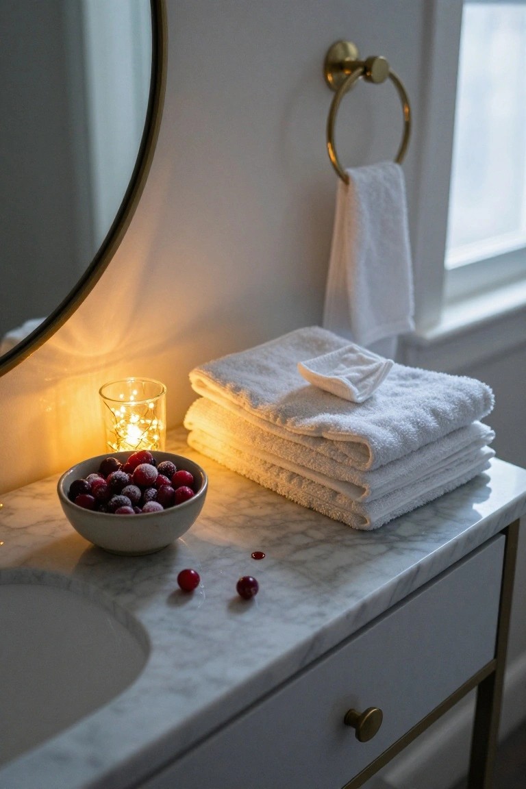 Marble bathroom vanity with undermount sink, glass jar of fairy lights, bowl of cranberries, stack of folded white towels, gold towel ring and hardware, and large round mirror.