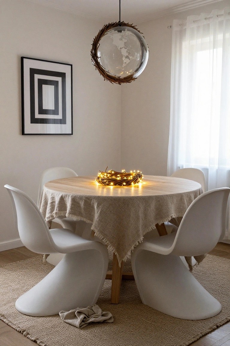 Round wooden dining table with beige linen cloth, centered by a twig wreath filled with fairy lights, surrounded by four white molded plastic chairs on a seagrass rug in a light beige room with sheer curtains and a globe pendant light.
