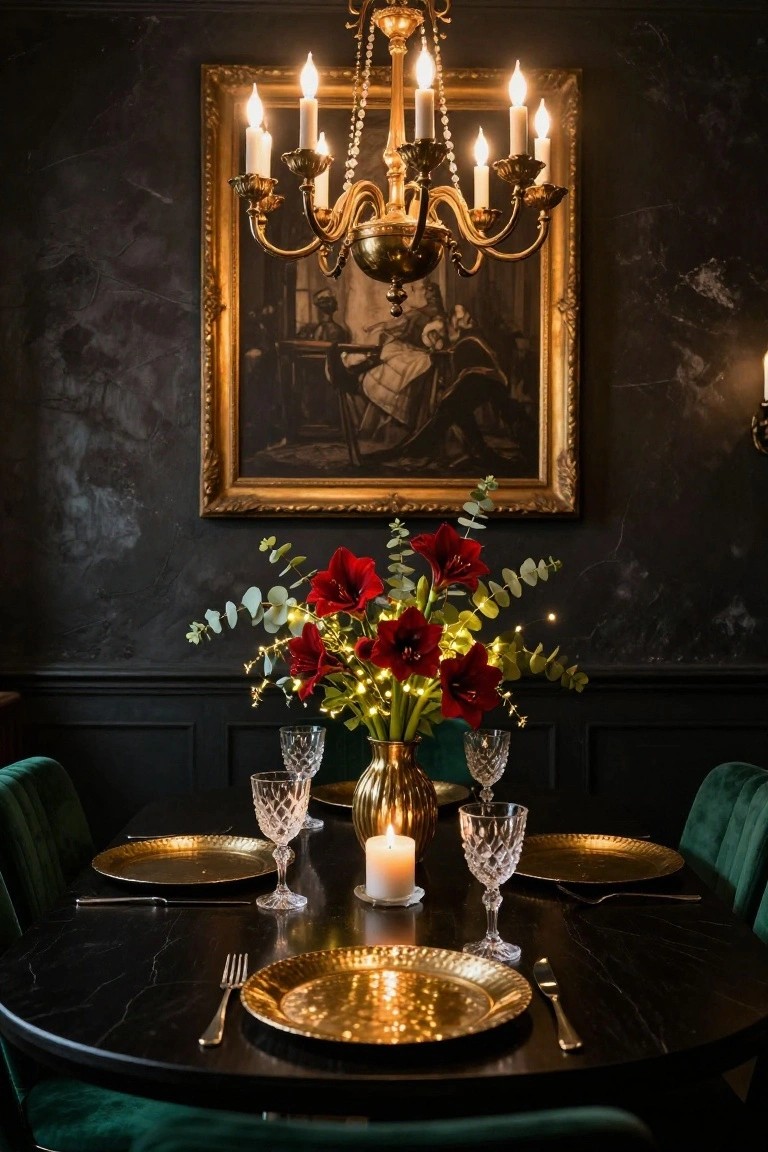 Dark-walled dining room with black round table set with gold charger plates, crystal glasses, cutlery, candles, and central brass vase of red amaryllis, eucalyptus, and fairy lights, green velvet chairs, gold chandelier overhead, and large gold-framed painting on wall.