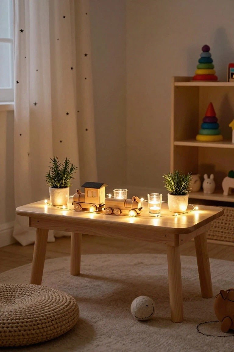 A low light wooden table in a children's playroom holds a wooden toy train wrapped in fairy lights, two small potted rosemary plants, and glass candle holders with lit candles, with toys on nearby shelves and a woven floor pouf visible.