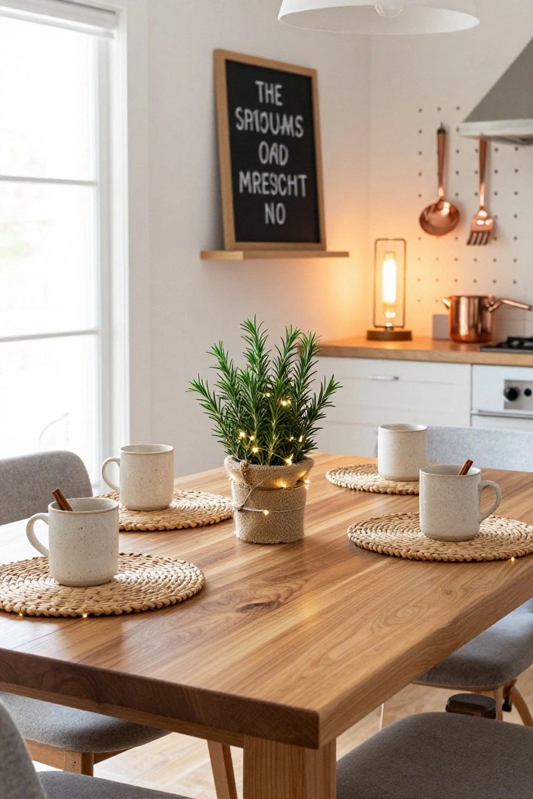 Wooden dining table in a bright kitchen with four white ceramic mugs on woven placemats, a central potted rosemary plant strung with fairy lights in a burlap-wrapped basket, gray fabric chairs, and kitchen cabinets in the background.