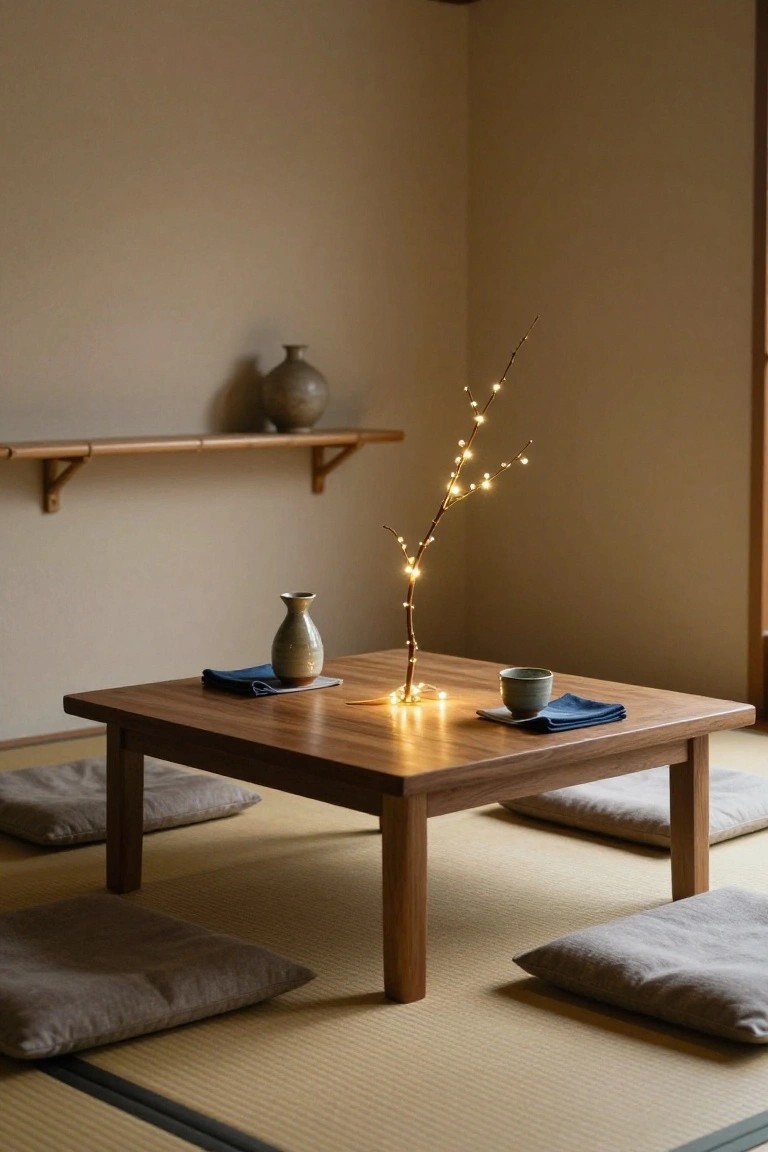 Low square wooden table on tatami mats in a beige room, centered with fairy lights on thin branches, a green-glazed vase, blue napkins, gray-green tea cups, larger vase on shelf above, and floor cushions nearby.