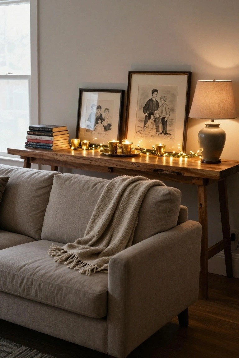 Living room corner with beige sofa draped in cream throw, wooden console table holding books, gold candle cups, fairy light garland, and framed photos next to a ceramic lamp.