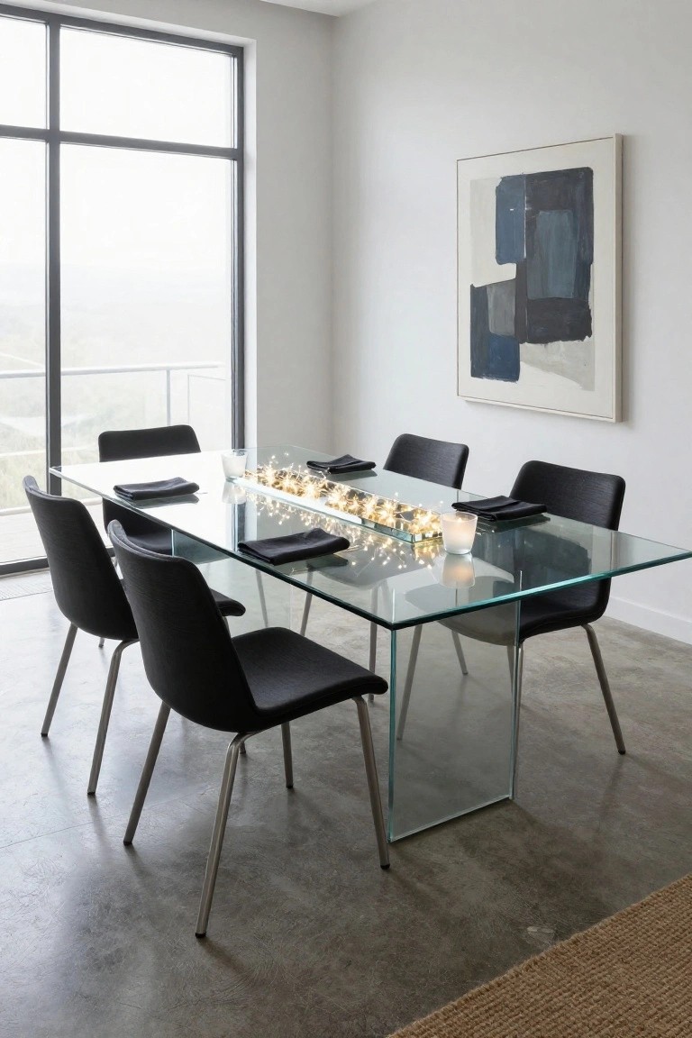 Glass dining table with fairy lights in a central tray, black napkins and candles at place settings, black chairs, large window with outdoor view, abstract painting on white wall, concrete floor.