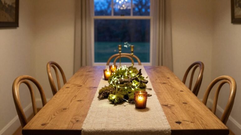 24 Fairy Light Christmas Table Ideas That Glow Softly All Night Corner dining area with wooden table centered by green garland and moss runner strung with fairy lights and candles, flanked by wooden chairs, large curtained windows showing lawn and trees at dusk.