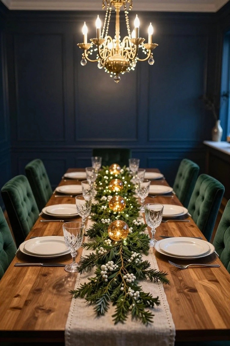 Dining table with green velvet chairs in a navy paneled room, set with white plates, crystal glasses, cutlery, and a central runner of evergreen branches, white berries, gold ornaments, and fairy lights under a gold chandelier.
