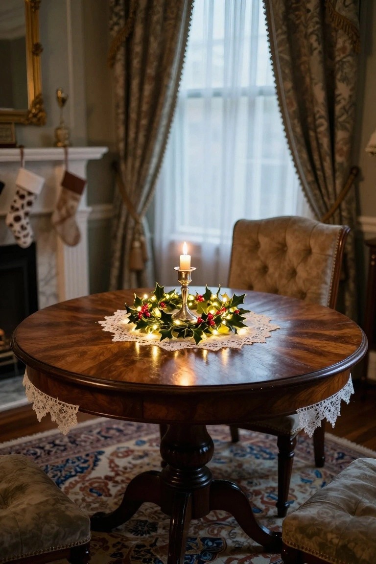 A round wooden dining table in a traditional room holds a holly wreath with fairy lights and a lit candle centerpiece on a lace doily, with upholstered chairs nearby and a fireplace in the background.