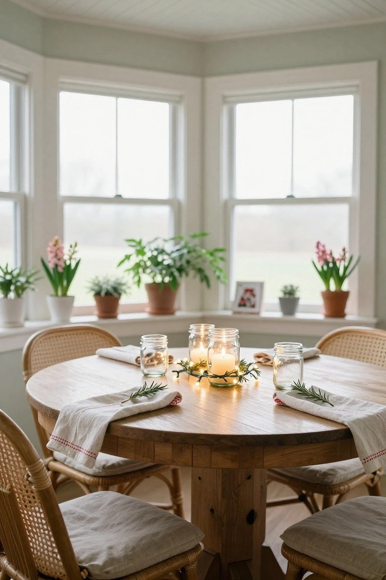 Round wooden dining table in a bright corner room with large windows, set for two with white napkins, mason jar candles wrapped in fairy lights and rosemary sprigs as centerpiece, wicker chairs, potted plants on windowsills.